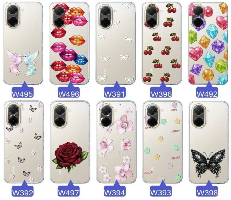 Różne kolorowe stylowe wzory na etui do Xiaomi Redmi A5: kwiaty, wiśnie, ptaszki, usta, kokardy