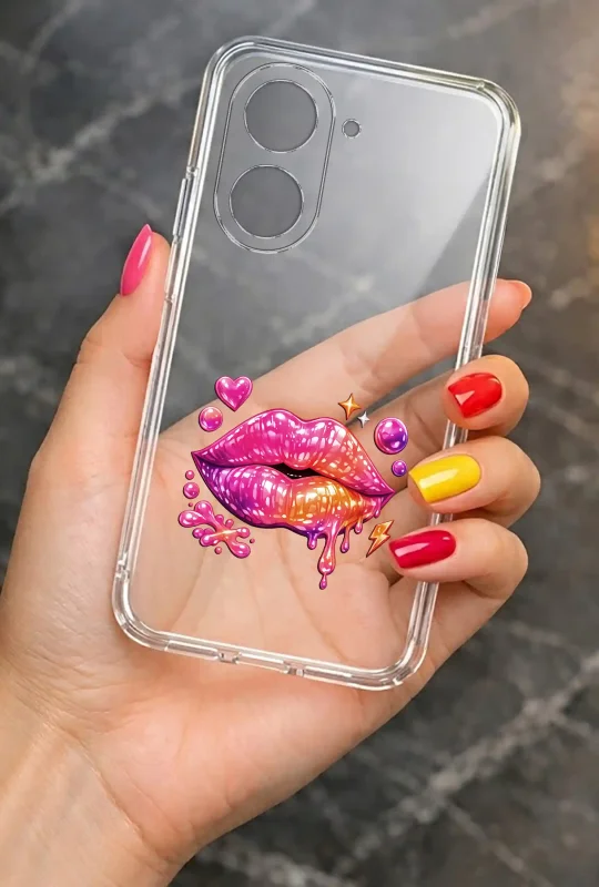 Modne etui do Xiaomi Redmi A5 ze stylowym wzorem różowych ust, trzymane w dłoni
