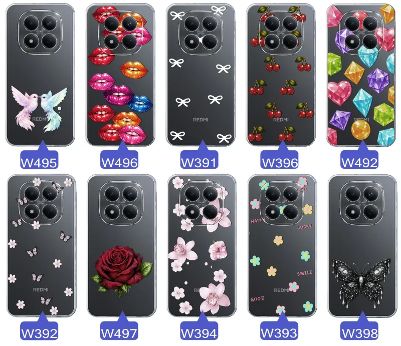 Różne kolorowe stylowe wzory na etui do Xiaomi Redmi Note 15 Pro 4G: kwiaty, wiśnie, ptaszki, usta, kokardy