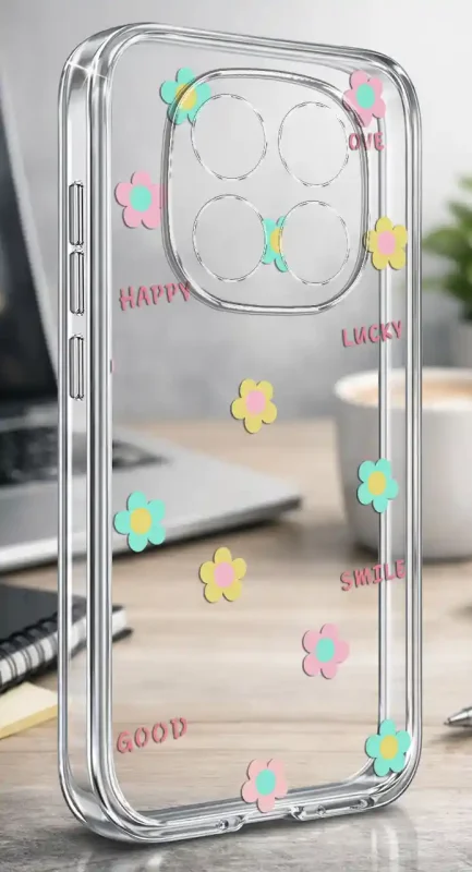Przezroczyste modne etui z kolorowym nadrukiem kwiatków i napisem lucky do Xiaomi Redmi Note 15 Pro 4G