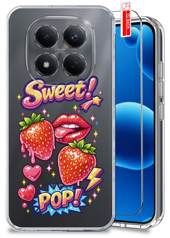 Przezroczyste etui do Xiaomi Redmi Note 15 Pro 5G z modnym kolorowym wzorem Sweet Pop, truskawkami, czerwonymi ustami, serduszkami i szkłem hartowanym w zestawie