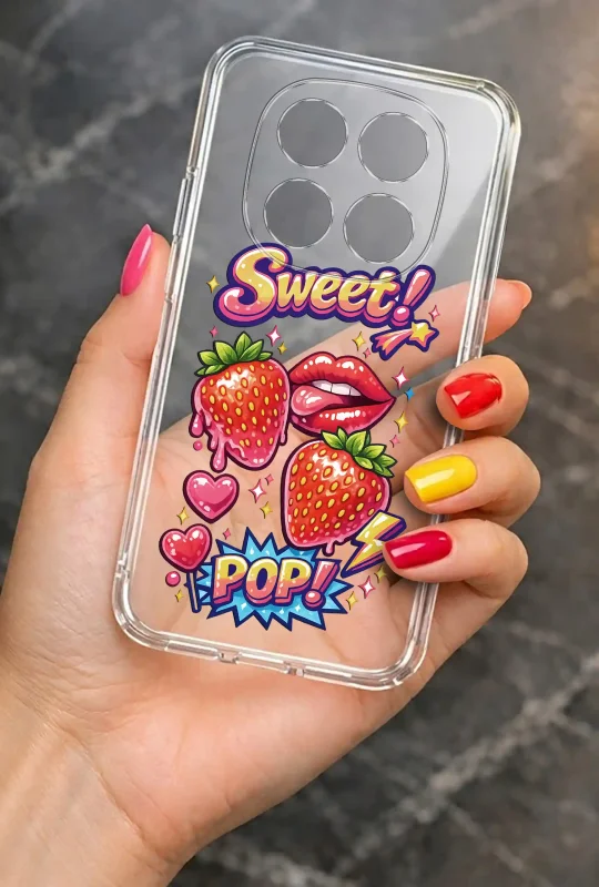 Modne etui do Xiaomi Redmi Note 15 Pro 5G ze stylowym wzorem truskawek i napisem Sweet Pop, trzymane w dłoni