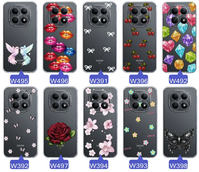Różne kolorowe stylowe wzory na etui do Xiaomi Redmi Note 15 5G: kwiaty, wiśnie, ptaszki, usta, kokardy