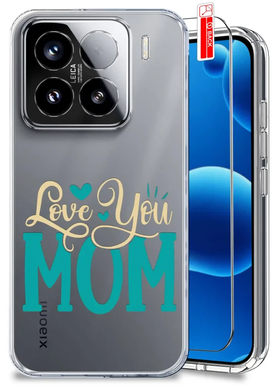 Etui dla Mamy do Xiaomi 15 Pro przezroczyste z napisem Love You Mom oraz szkło hartowane w zestawie
