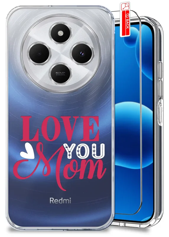 Etui dla Mamy do Xiaomi Redmi 14C przezroczyste z napisem Love You Mom oraz szkło hartowane w zestawie