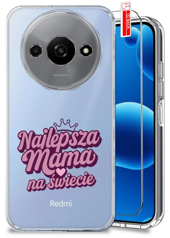 Etui dla Mamy do Xiaomi Redmi A3 4G przezroczyste z napisem Najlepsza Mama na świecie oraz szkło hartowane w zestawie