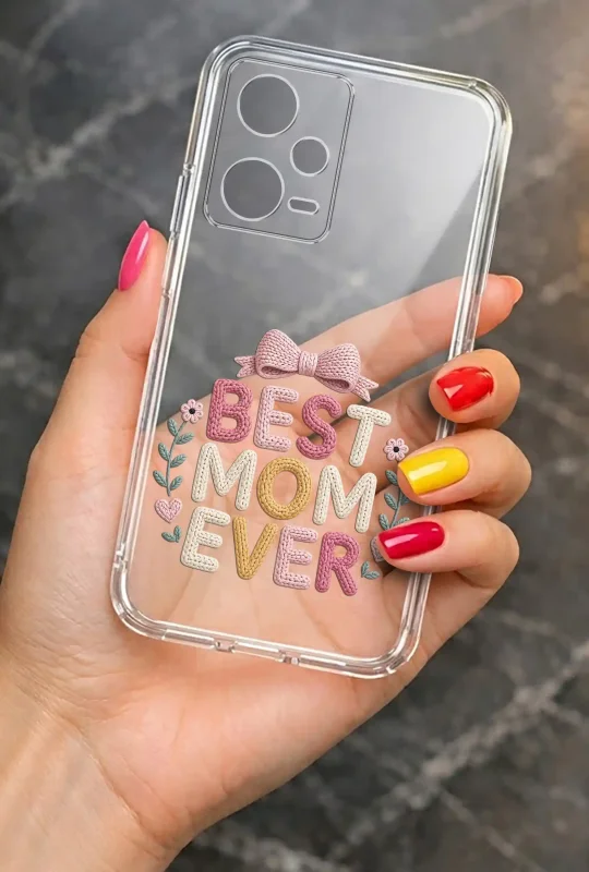 Transparentne etui na Dzień Mamy do Xiaomi Redmi Note 12 5G trzymane w dłoni, z trwałym nadrukiem Best Mom Ever