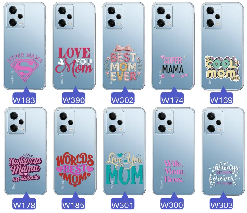 Kolekcja wzorów etui dla Mamy do Xiaomi Redmi Note 12 5G: napisy Super Mama, Najlepsza Mama na świecie, best mom ever, cool mom, I love you mom