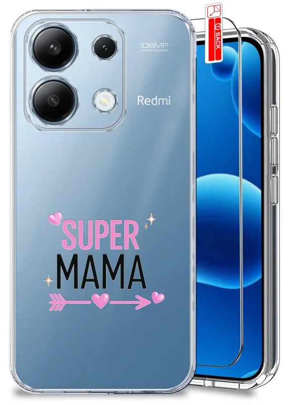 Etui dla Mamy do Xiaomi Redmi Note 13 4G przezroczyste z napisem Super Mama oraz szkło hartowane w zestawie