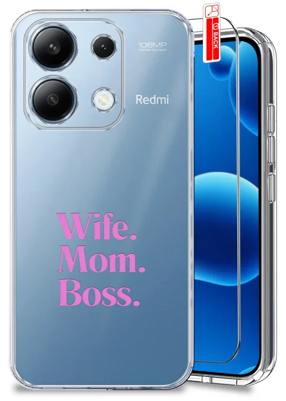 Etui dla Mamy do Xiaomi Redmi Note 13 Pro 4G przezroczyste z różowym napisem Wife. Mom. Boss. oraz szkło hartowane w zestawie
