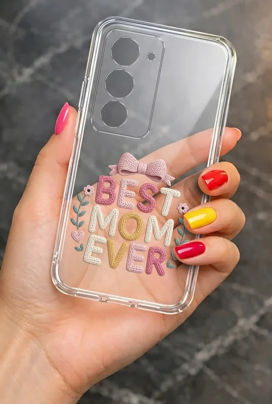 Transparentne etui na Dzień Mamy do Xiaomi Redmi 15 4G / 5G trzymane w dłoni, z trwałym nadrukiem Best Mom Ever