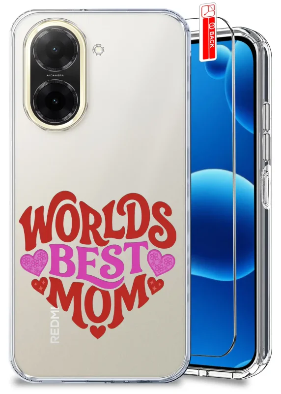 Etui dla Mamy do Xiaomi Redmi A5 przezroczyste z różowo-czerwonym napisem Worlds Best Mom oraz szkło hartowane w zestawie
