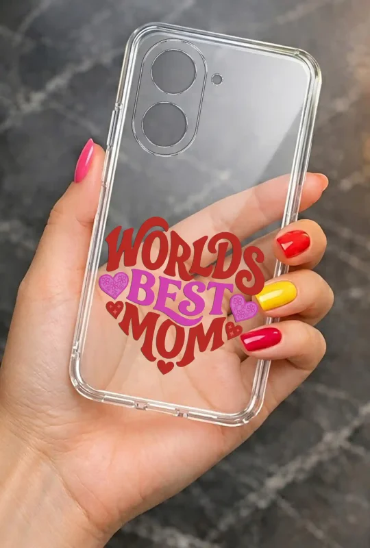 Transparentne etui na Dzień Mamy do Xiaomi Redmi A5 trzymane w dłoni, z trwałym nadrukiem Worlds Best Mom