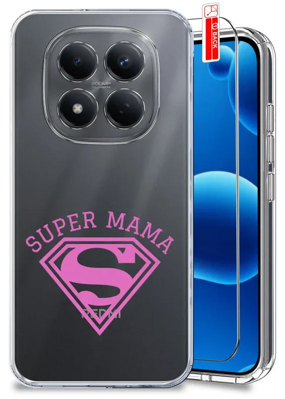 Etui dla Mamy do Xiaomi Redmi Note 15 Pro 4G przezroczyste z różowym napisem Super Mama oraz szkło hartowane w zestawie