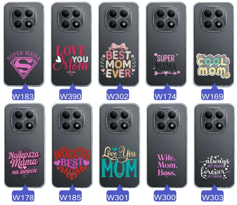 Kolekcja wzorów etui dla Mamy do Xiaomi Redmi Note 15 5G: napisy Super Mama, Najlepsza Mama na świecie, best mom ever, cool mom, I love you mom