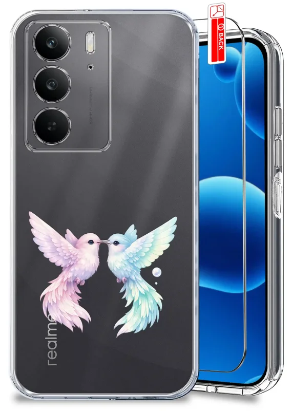 Przezroczyste etui do Realme C75 z modnym kolorowym wzorem ptaków i szkłem hartowanym w zestawie