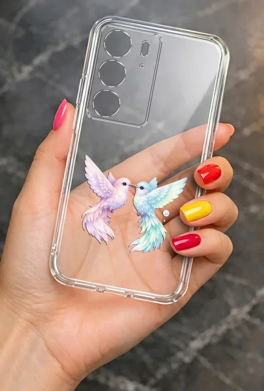 Modne etui do Realme C75 ze stylowym wzorem dwóch ptaszków, trzymane w dłoni