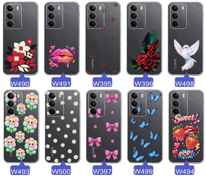 Kolekcja modnych etui z wzorami do Realme C75 – kolorowe modne wzory z kokardkami, różami, motylami, ustami, wisienkami