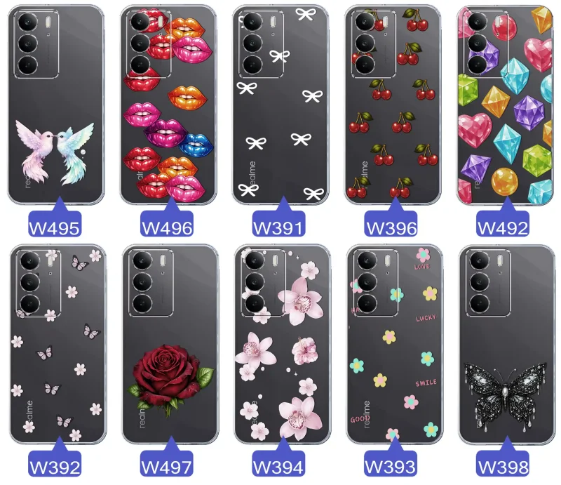 Różne kolorowe stylowe wzory na etui do Realme C75: kwiaty, wiśnie, ptaszki, usta, kokardy