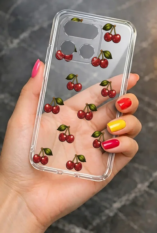 Modne etui do Realme 16 Pro ze stylowym wzorem wiśni, trzymane w dłoni
