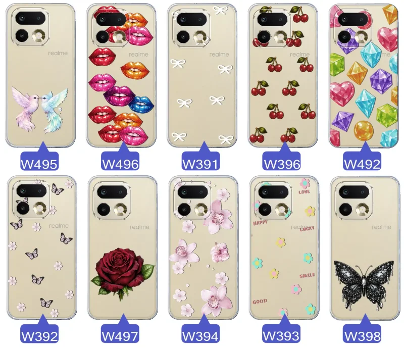 Różne kolorowe stylowe wzory na etui do Realme 16 Pro: kwiaty, wiśnie, ptaszki, usta, kokardy