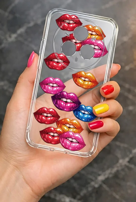 Modne etui do Realme 14 Pro+ Plus 5G ze stylowym wzorem ust, trzymane w dłoni