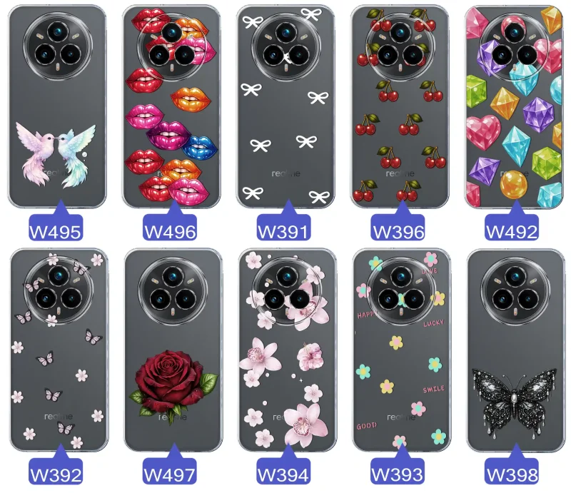 Różne kolorowe stylowe wzory na etui do Realme 14 Pro+ Plus 5G: kwiaty, wiśnie, ptaszki, usta, kokardy