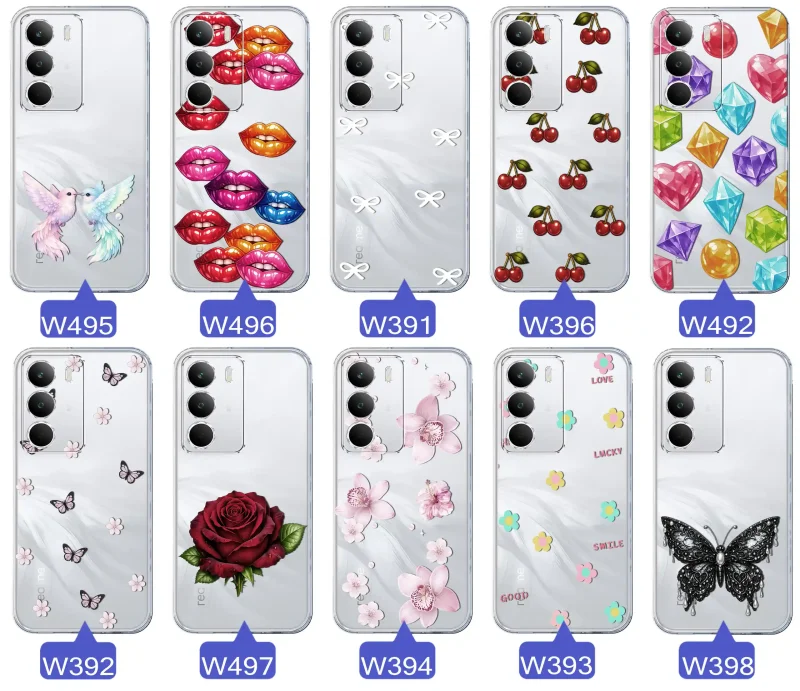 Różne kolorowe stylowe wzory na etui do Realme C71: kwiaty, wiśnie, ptaszki, usta, kokardy