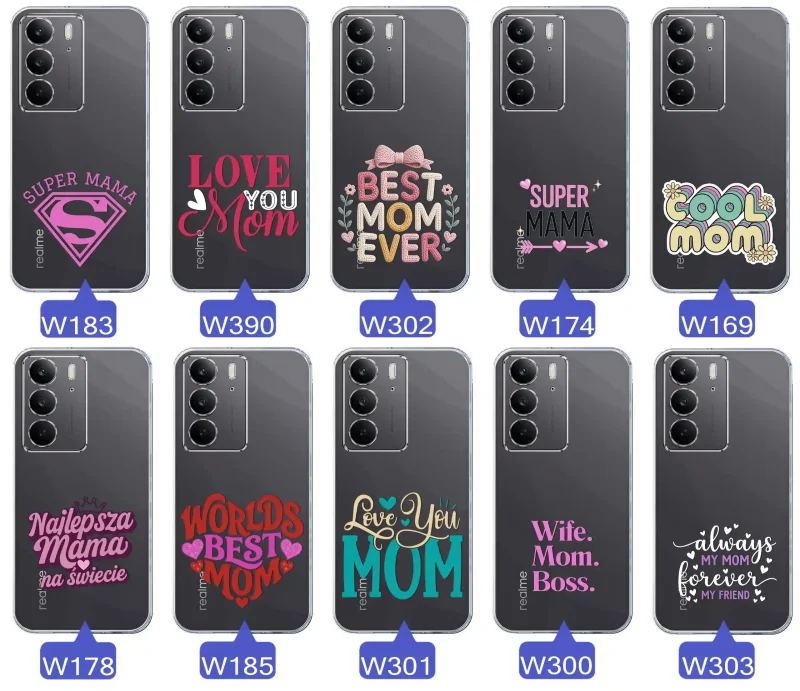 Kolekcja wzorów etui dla Mamy do Realme C75: napisy Super Mama, Najlepsza Mama na świecie, best mom ever, cool mom, I love you mom