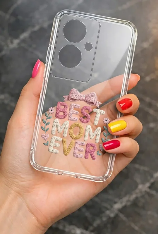 Transparentne etui na Dzień Mamy do Oppo A79 5G trzymane w dłoni, z trwałym nadrukiem Best Mom Ever