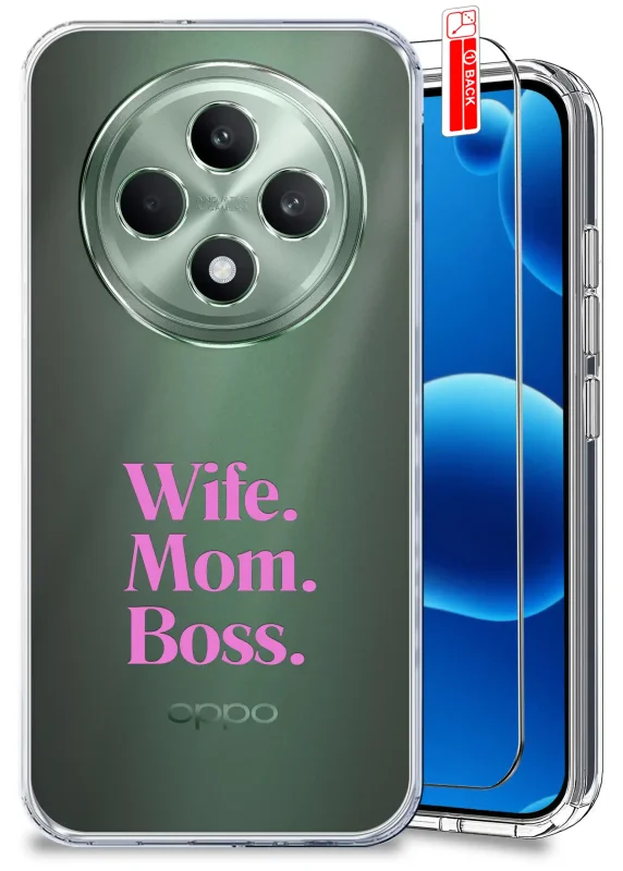 Etui dla Mamy do Oppo Reno 12 F / 12 FS 4G / 5G przezroczyste z różowym napisem Wife. Mom. Boss. oraz szkło hartowane w zestawie