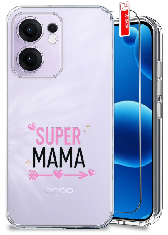 Etui dla Mamy do Oppo Reno 13 FS 5G / 13 F 5G przezroczyste z napisem Super Mama oraz szkło hartowane w zestawie