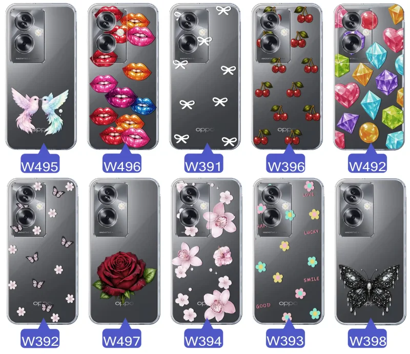 Różne kolorowe stylowe wzory na etui do Oppo A79 5G: kwiaty, wiśnie, ptaszki, usta, kokardy