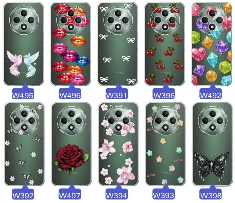 Różne kolorowe stylowe wzory na etui do Oppo Reno 12 F / 12 FS 4G / 5G: kwiaty, wiśnie, ptaszki, usta, kokardy