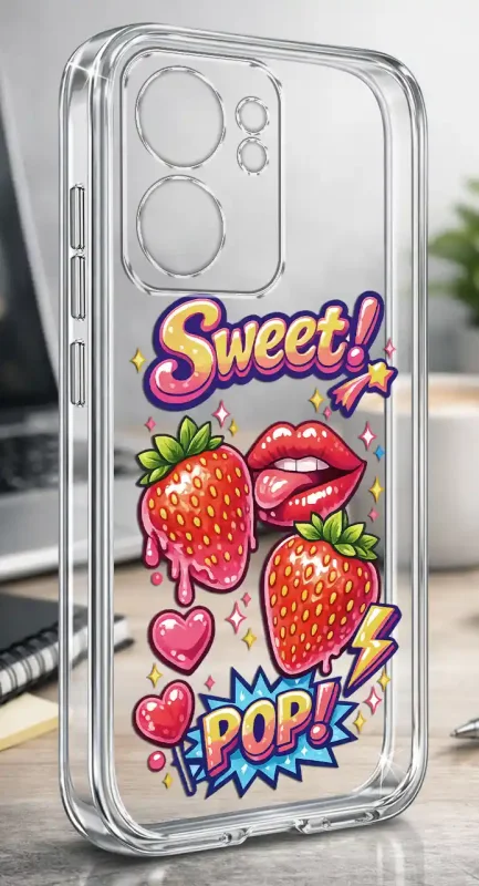 Przezroczyste modne etui z kolorowym nadrukiem Sweet Pop, truskawkami, ustami i serduszkami do Oppo Reno 13 FS 5G / 13 F 5G