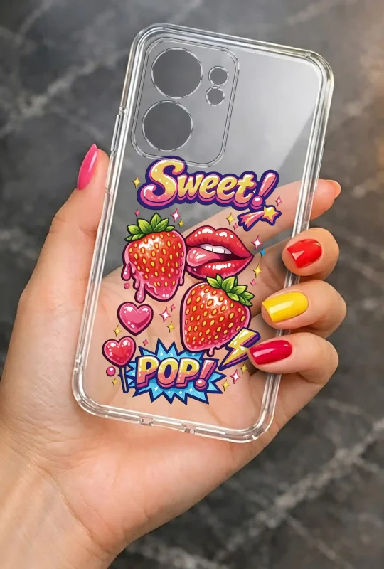 Modne etui do Oppo Reno 13 FS 5G / 13 F 5G ze stylowym wzorem truskawek i napisem Sweet Pop, trzymane w dłoni