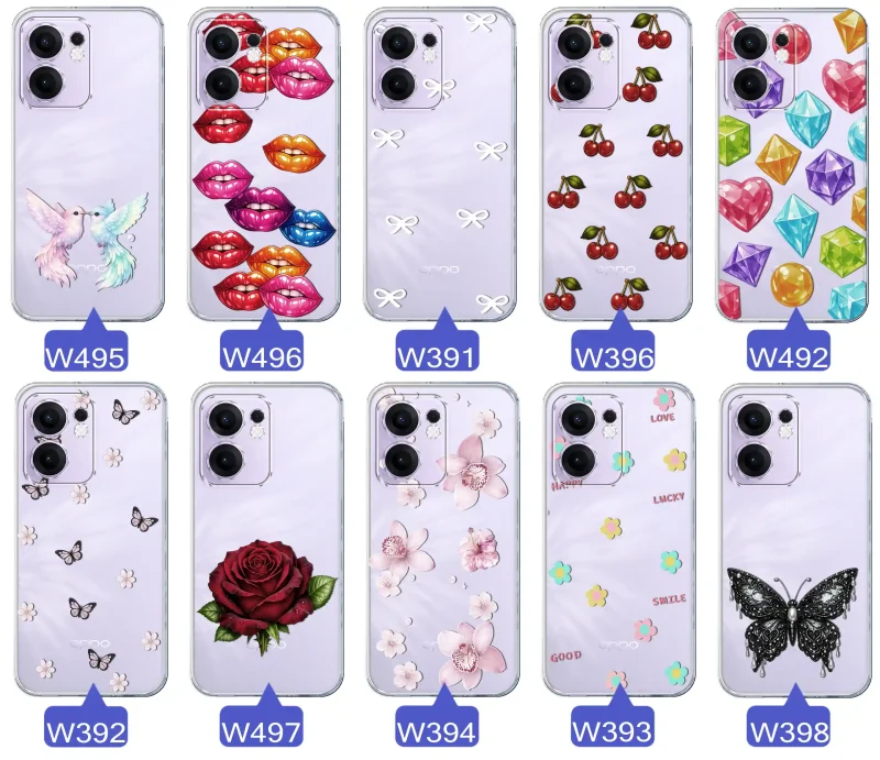 Różne kolorowe stylowe wzory na etui do Oppo Reno 13 FS 5G / 13 F 5G: kwiaty, wiśnie, ptaszki, usta, kokardy