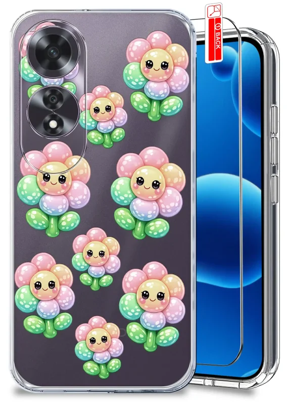 Przezroczyste etui z modnym wzorem uśmiechniętych pastelowych kwiatków do Oppo A60 4G i szkło hartowane w zestawie