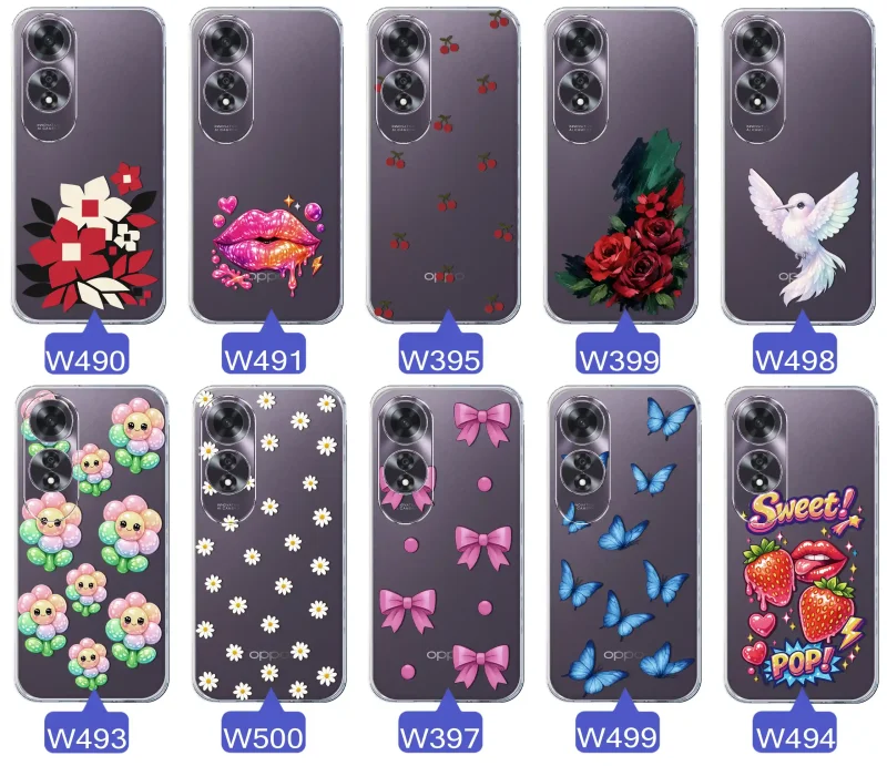 Kolekcja modnych etui z wzorami do Oppo A60 4G – kolorowe modne wzory z kokardkami, różami, motylami, ustami, wisienkami