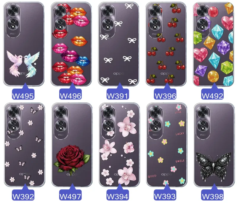 Różne kolorowe stylowe wzory na etui do Oppo A60 4G: kwiaty, wiśnie, ptaszki, usta, kokardy