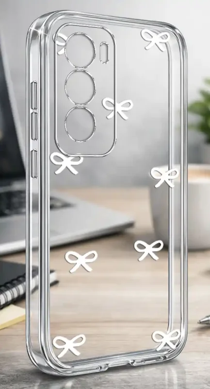 Przezroczyste modne etui z minimalistycznym nadrukiem białych kokardek do Oppo Reno 12 5G