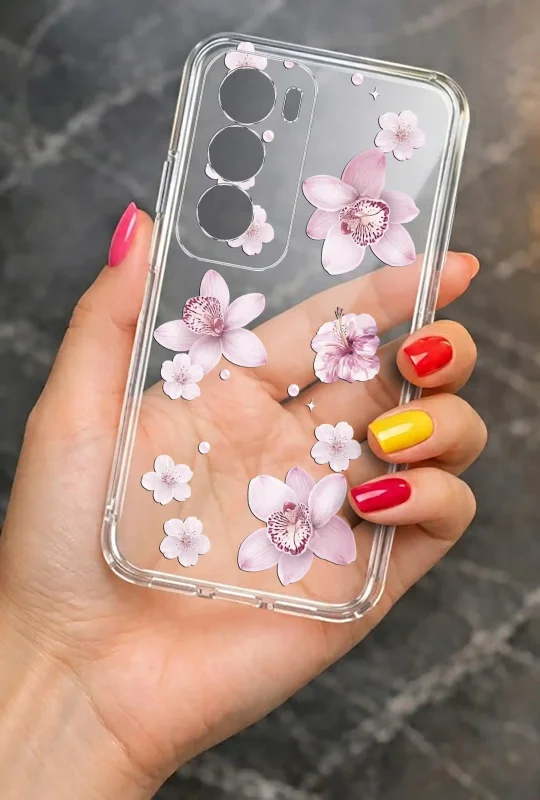 Modne etui do Oppo Reno 12 Pro 5G ze stylowym wzorem kwiatuszków, trzymane w dłoni