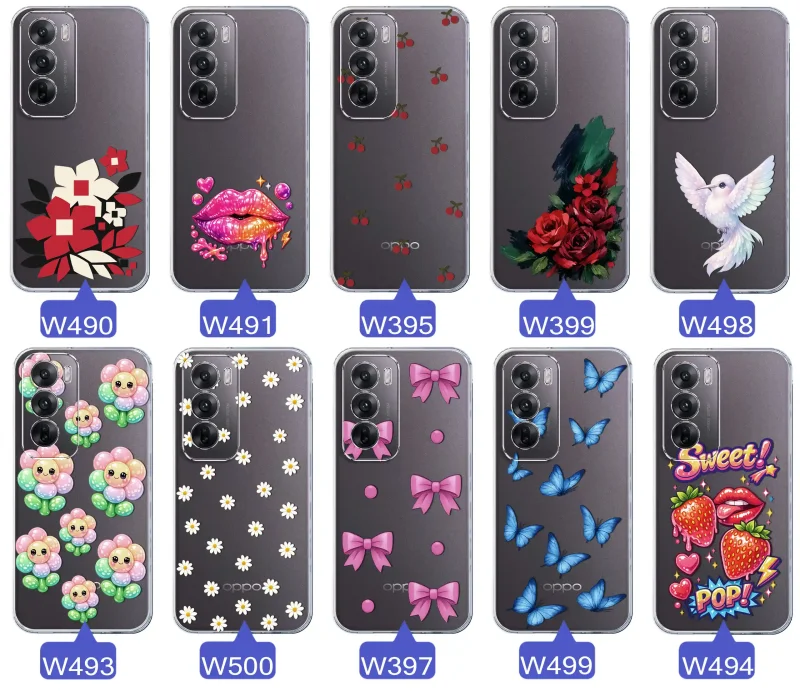 Kolekcja modnych etui z wzorami do Oppo Reno 12 Pro 5G – kolorowe modne wzory z kokardkami, różami, motylami, ustami, wisienkami