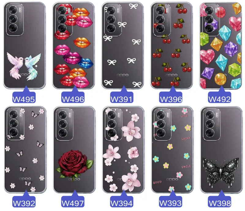 Różne kolorowe stylowe wzory na etui do Oppo Reno 12 Pro 5G: kwiaty, wiśnie, ptaszki, usta, kokardy