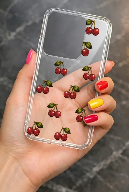 Modne etui do Motorola Edge 50 Neo ze stylowym wzorem wiśni, trzymane w dłoni