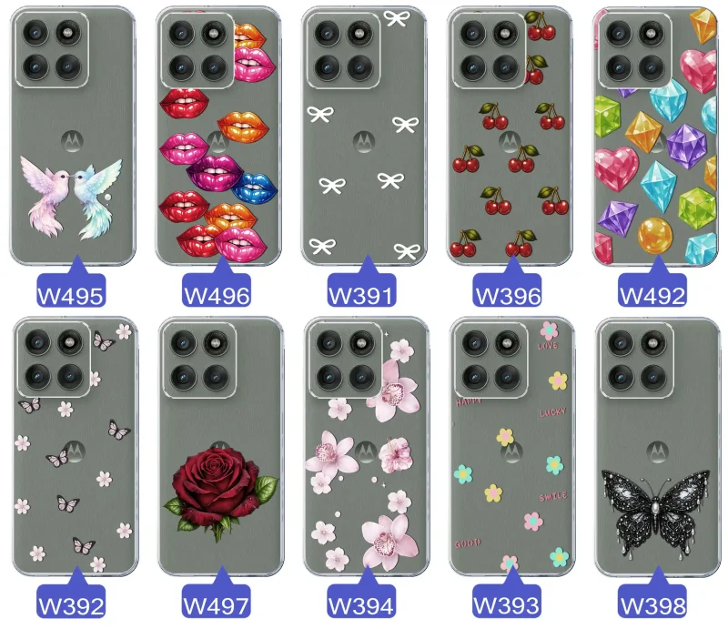 Różne kolorowe stylowe wzory na etui do Motorola Edge 60 Pro 5G: kwiaty, wiśnie, ptaszki, usta, kokardy