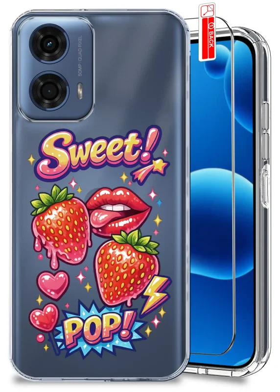 Przezroczyste etui do Motorola Moto G24 / G24 Power / G04 / E14 z modnym kolorowym wzorem Sweet Pop, truskawkami, czerwonymi ustami, serduszkami i szkłem hartowanym w zestawie