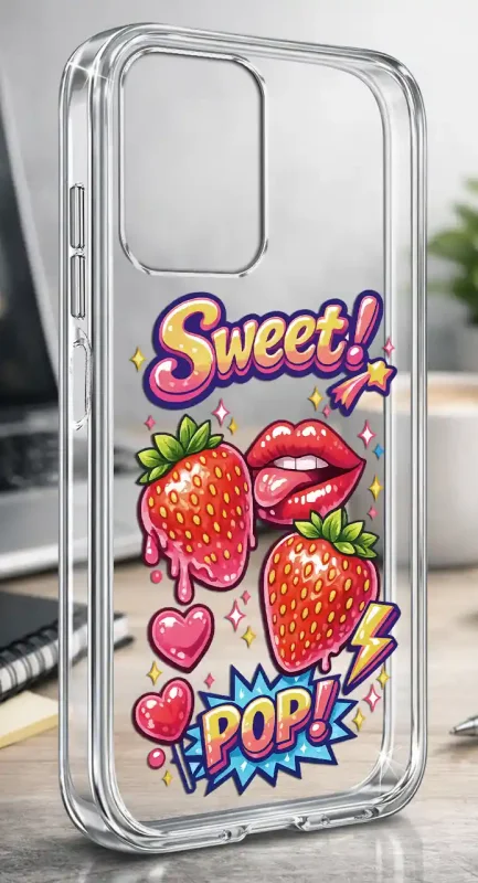 Przezroczyste modne etui z kolorowym nadrukiem Sweet Pop, truskawkami, ustami i serduszkami do Motorola Moto G24 / G24 Power / G04 / E14