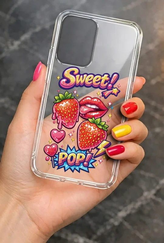 Modne etui do Motorola Moto G24 / G24 Power / G04 / E14 ze stylowym wzorem truskawek i napisem Sweet Pop, trzymane w dłoni