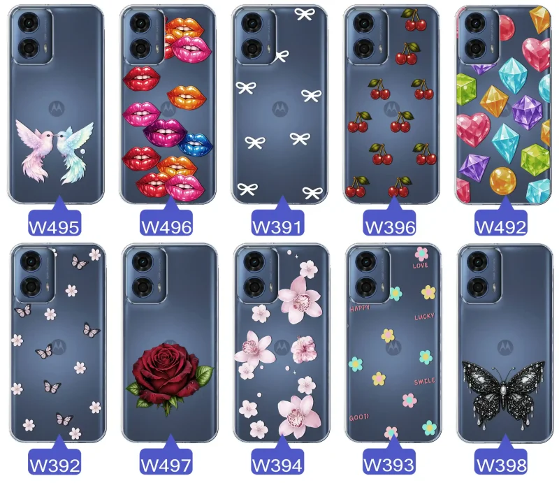 Różne kolorowe stylowe wzory na etui do Motorola Moto G24 / G24 Power / G04 / E14: kwiaty, wiśnie, ptaszki, usta, kokardy